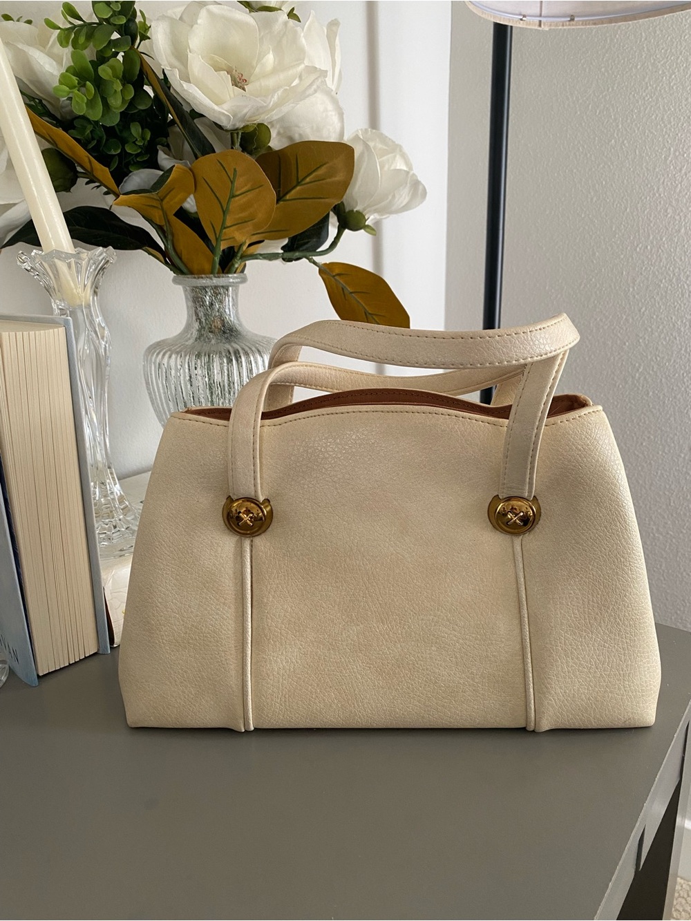 Classy Structured Cream Top-Handle purse w/Gold Accent button Hardware/reposh